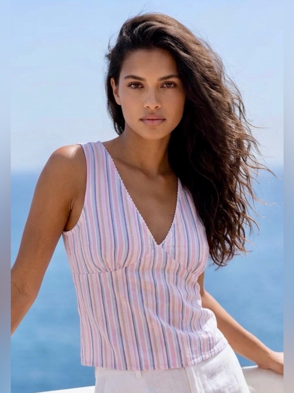 Aeropostale Striped V-Neck Cropped Tank Top w/Tie-Back in Pastel Pink & Blue M